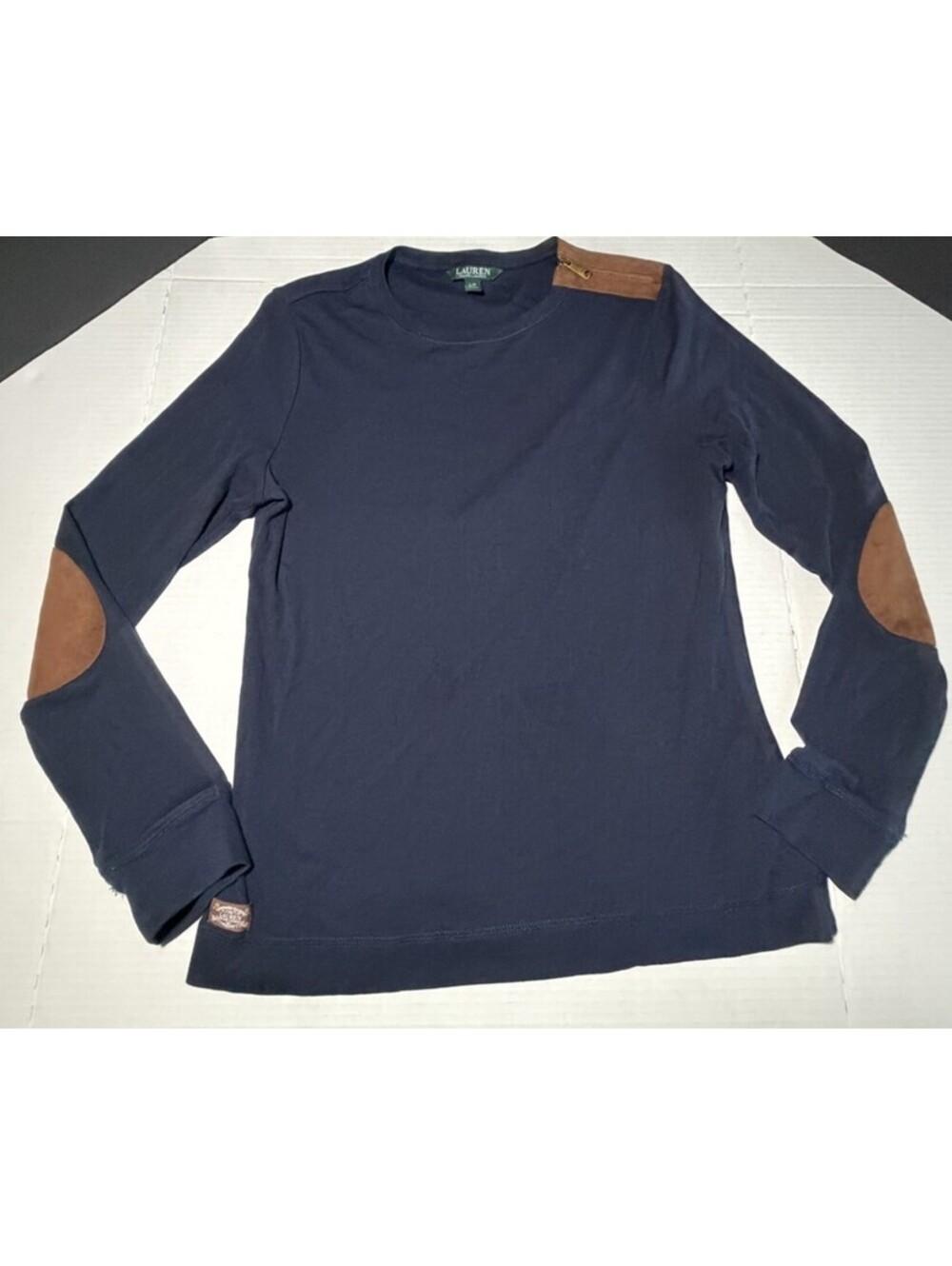 Lauren Ralph Lauren Blue Long Sleeve Sweater Top W/ Suede Patches Women's Large